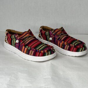 Lamo Womens Paula Casual Slip-On Shoes W8 Multicolor Striped Canvas & Suede Comf